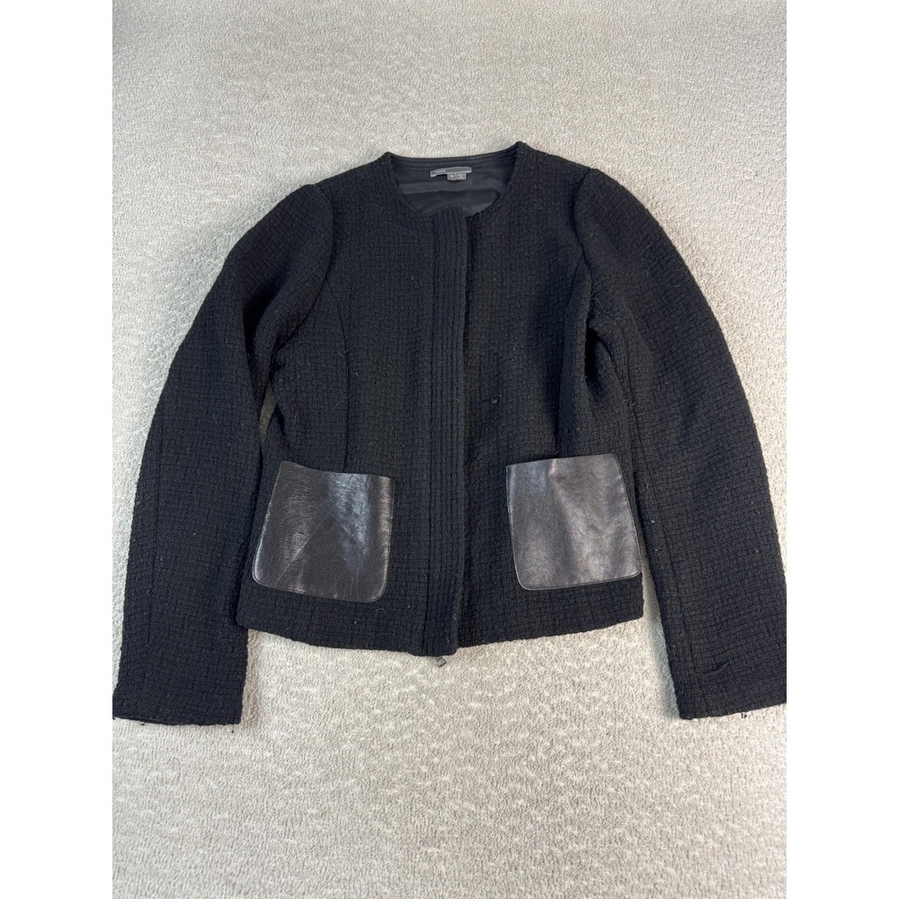 Vince Jacket Womens 12 Black Wool Collarless Zip Faux Leather Trim Patch Pockets